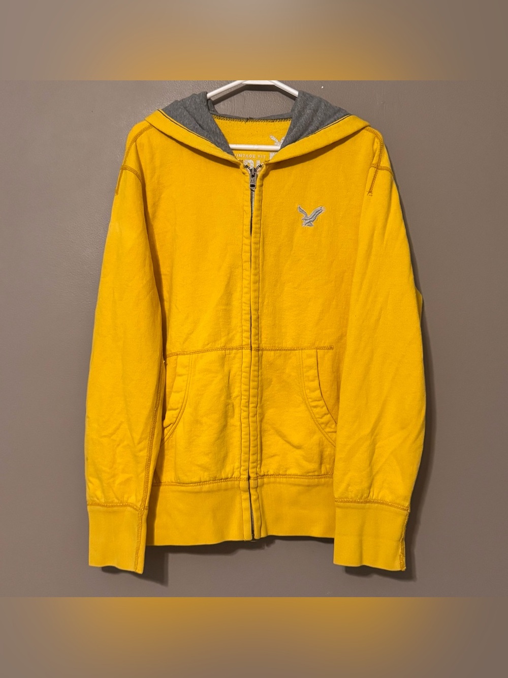 VTG American Eagle Yellow Full Zip Hooded Jacket Mens Lg Embroidered Y2K Preppy